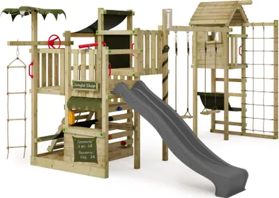 Image de FATMOOSE Tour de jeu CrazyCoconut avec balançoire & toboggan, jeu de jardin avec tour, échelle & accessoires de jeu - anthracite / vert olive