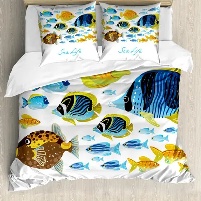 Produktbild von ABAKUHAUS Fisch Bettbezug Set, Klares Unterwasserwildleben mit Süßwasser-tropischer Fisch-Kreatur-See-Thema-Grafik, 155 x 220 cm + 80 x 80 cm, Mehrfarbig