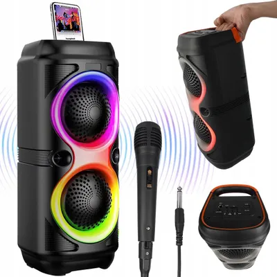 Produktbild von Tragbarer Lautsprecher, Bluetooth 5.0 Karaoke-Lautsprecher mit Mikrofon und 7 RGB-Farben, HIFI-Stereo-Sound Bluetooth Musikbox, 4” Subwoofer