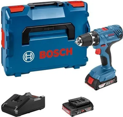 A Bosch cordless drill with accessories and its case are displayed against a white background.