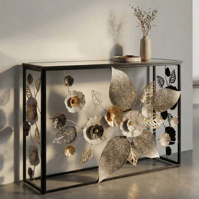 Zdjęcie produktu dla Konsola z czarnego metalu z kwiatami i szklanym blatem 112x42x80 cm
