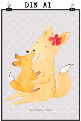 Produktbild von Mr. & Mrs. Panda Bild Fuchs Mama DIN A1 - Grau Pastell - Geschenk, kunstdruck poster, Schoß, Tochter, wanddeko, Mutter, Wandbild, Muttertag, drucke