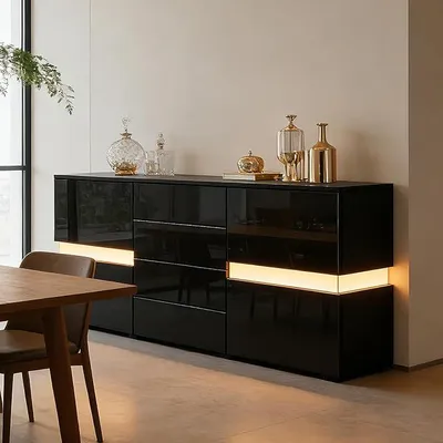 Obrázek produktu pro Moderní komoda s vysokým leskem, vhodná do obývacího pokoje. Skříň s vitrínou a LED osvětlením, 2 dvířka, 4 zásuvky. Obývací nábytek (černá barva)