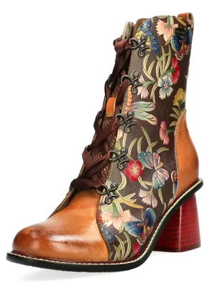 Produktbild von Laura Vita Damen Schnürstiefelette mit Blumenmuster und Satinband Evcao 01, Größe:39 EU, Farbe:Braun