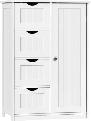 Produktbild von Eugad Badschrank Weiß, 56x82x30 cm, MDF, 4 Schubladen, 1 verstellbarer Einlegeboden, magnetische Tür, freistehend mit Kippsicherung, platzsparend