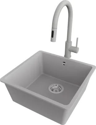 Produktbild von PRIMAGRAN Unterbauspüle Granit Grau 46x44cm, Spülbecken 1 Becken + Küchenarmatur 40x20cm + Ablauf-Set, Granitspüle ab 50er Unterschrank - Venedig Easy