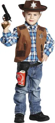 A young boy dressed as a sheriff, holding a toy gun.