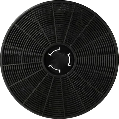 A black circular carbon filter for a range hood.