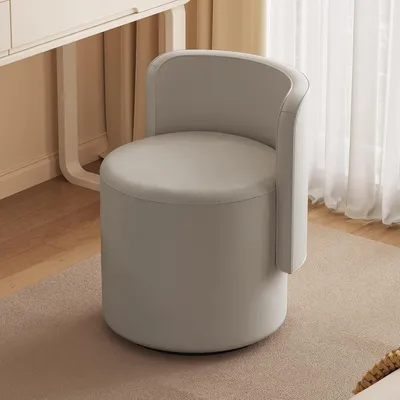 Produktbild von Runder, 360° drehbarer Schminkhocker mit geschwungener Rückenlehne, minimalistischer Akzenthocker für Schlafzimmer, Ankleidezimmer und Wohnzimmer, warmes Grau