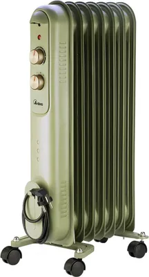 A green oil-filled radiator with gold control knobs, on a white background.