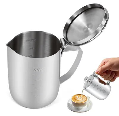 Milchkännchen 600ml Edelstahl mit Deckel, Messskala, für Latte Art