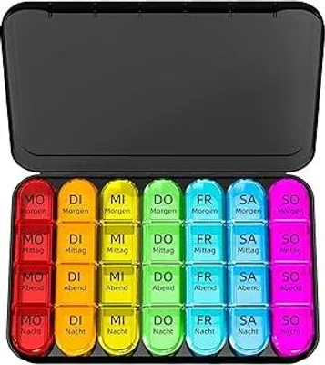 Produktbild von Tablettenbox 7 Tage Morgens Mittags Abends, Klein Pillendose Große Fächer, Medikamentenbox 7 Tage 4 fächer mit Einfachem Offenem Design für Unterwegs - Schwarz