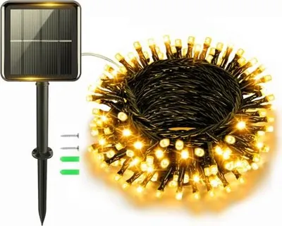 Imagen del producto de Luces solares para exteriores CSHARE, 5 metros, 50 LEDs, luz blanca cálida, para uso exterior, IP65, resistentes a la intemperie, 8 modos, ideales para jardín, terraza, fiestas, árboles de Navidad, ventanas