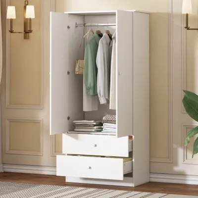 Produktbild von Kleiderschrank mit Stange, 2-türiger Kleiderschrank, 2 Schubladen, Schlafzimmer, Wohnzimmer, Flurgarderobe