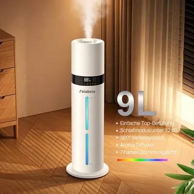 Produktbild von FATABETA Luftbefeuchter bis zu 50m², 9L Ultraschall Kaltnebel Aromadiffusor, Obenbefüllung 48h Laufzeit, 32dB Schlafmodus, intelligente Feuchtigkeitssteuerung, Fernbedienung & 7-Farben Licht Weiß