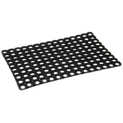A black rubber mat with a grid of circular holes is shown on a white background.
