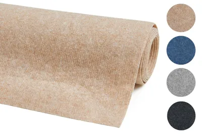 Dünner, als Rolle gewickelter Teppichboden mit Farbmustern in Anthrazit, Beige, Braun, Grau. 