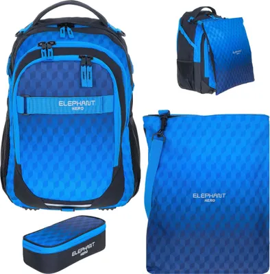 Produktbild von Schulrucksack 3 Teile Set Elephant Hero Signature Rucksack Jungen Premium Schultasche Turnbeutel Mäppchen Box 12868 Dark Blue Cube Blau rtmb