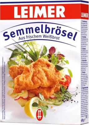 A box of Leimer Semmelbrösel (breadcrumbs) with an image of prepared food.