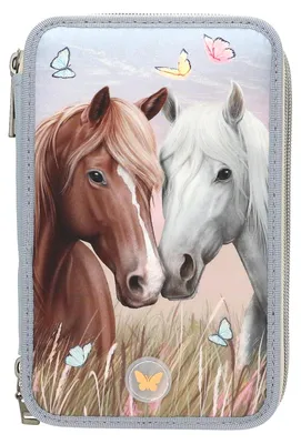 Produktbild von Depesche 13976 Miss Melody - Gefüllte 3-Fach Federtasche in Hellblau und Beige, mit Pferde Motiv, LED-Licht und Schmetterlingen, Federmappe mit Buntstiften, Schere, Lineal UVM.