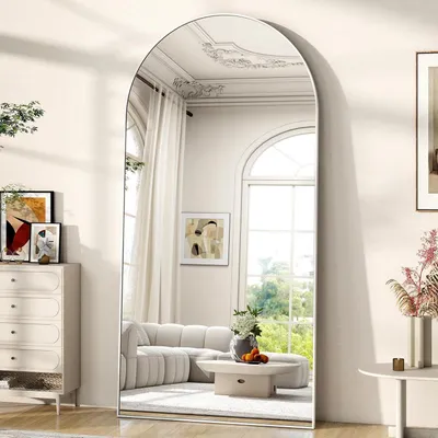 Immagine prodotto di Specchio a figura intera, specchio da parete, 180x76 cm, forma ad arco, colore bianco opaco, cornice in metallo