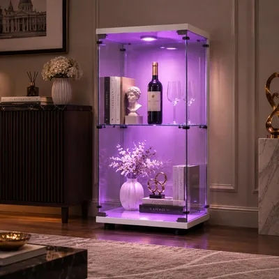 Image de Vitrine de collection INONEFT avec serrure et éclairage LED, vitrine en verre, vitrine d'exposition, design moderne, 2 niveaux, idéale pour les objets de collection et les expositions, couleur blanche