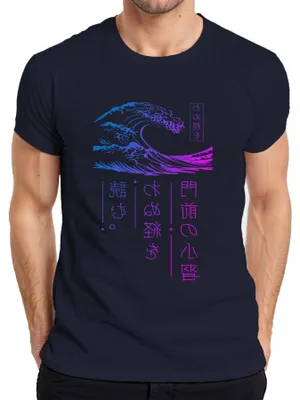 Immagine prodotto di maglietta da uomo Japanese Wave Ukiyoe Neon Vaporwave Cyberpunk Retro, Navy, XL