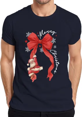 Produktbild von Merry Christmas Weihnachtsmann rote Schleife Schneeflocken Herren T-Shirt, Navy, XL