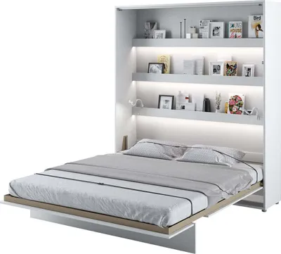A white wall-mounted bed with shelves above, shown in a folded-down position.