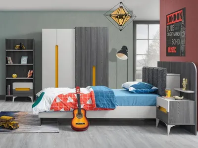 Produktbild von Grau Kinderzimmer Set Kinderbett Nachttisch Kommode Kleiderschrank Buecherregal