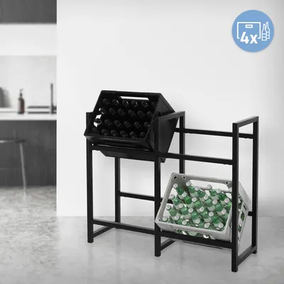 A metal storage rack for beverage crates, shown in a room with a white wall and a light gray floor.