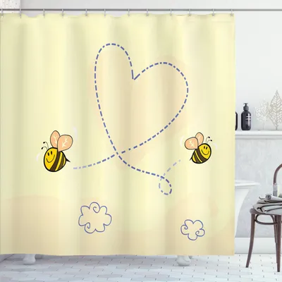 Immagine prodotto di ABAKUHAUS Tenda da doccia Honey Bee, con cuori disegnati a mano, 175 x 240 cm, giallo chiaro champagne