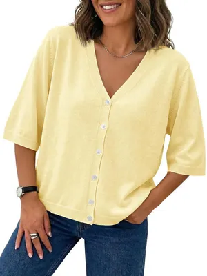 Produktbild von Kurzarm-Cardigan für Damen, leichter Strickstoff, V-Ausschnitt, Knopfleiste,Größe:XL