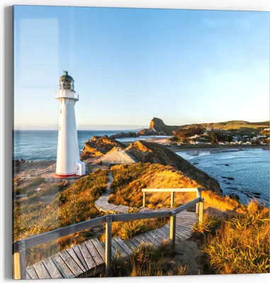 Produktbild von DEQORI Glasbild Echtglas 30x30 cm 'Leuchtturm Idylle' Wandbild Bild modern Deko
