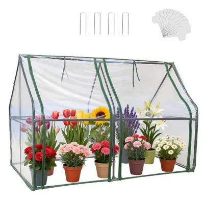 Image de Mini-serre 180 x 90 x 90 cm - Serre en plastique pour l'extérieur avec fermeture éclair et 2 fenêtres - Film maillé vert