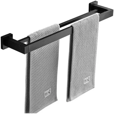 Image de Porte-serviettes double en acier inoxydable de couleur noire mat, à fixer au mur, avec 2 barres, étagère de salle de bain, accessoires de salle de bain