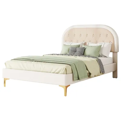 A bed with bedding and pillows, shown against a white background.