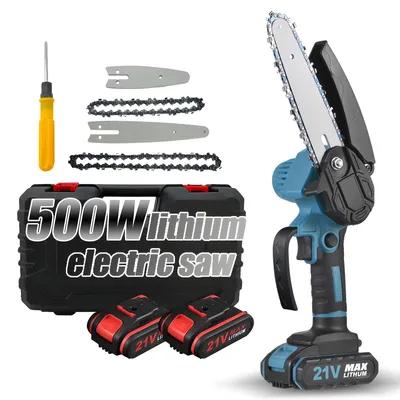 Produktbild von Mini-Kettensäge, 4 Zoll, 6 Zoll, tragbare Kettensäge mit Sicherheitsschloss, 2 Ketten, 21V, wiederaufladbare Batterie, elektrische Kettensäge, kabello