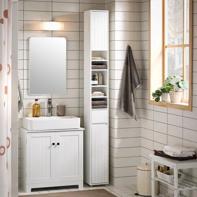 Obrázok produktu pre BBHT BZR160-W Vysoká kúpeľňová skrinka, 20x180x20 cm, 5 priehradiek, 1 zásuvka, dvierka, biela