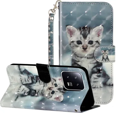 Produktbild von CLM-Tech Hülle kompatibel mit Xiaomi 13 Pro - Tasche aus Kunstleder - Klapphülle mit Ständer und Kartenfächern, kleine Katze