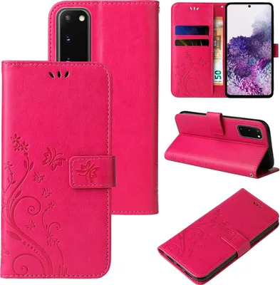 Produktbild von Handyhülle für Samsung Galaxy S20 Floral Blumen Schmetterling Flip Cover Hülle Case Klapphülle Handytasche Farbe: Pink