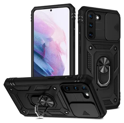 Immagine prodotto di Custodia per Samsung Galaxy S21 FE 5G protezione fotocamera scorrevole, resistente agli urti, con supporto ad anello, supporto e porta carte di credito Nero
