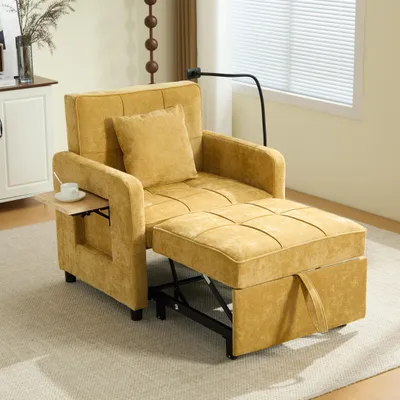 Produktbild von STILVORA Zwei-in-eins-Schlafsessel Einzelschlafsofa mit 5-fach verstellbarer Rückenlehne (105°–180°), Schlafsessel mit Chenille-Bezug, Kissen, Seitentaschen und integriertem Tischchen, Liegesessel wandelbares Funktionssofa für Wohnzimmer,Senfgelb