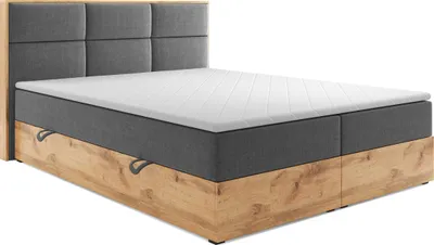 Produktbild von Boxspringbett LISSABON Eiche Holz mit Bettkasten 180 x 200 cm Webstoff Grau Anthrazit Bett Bettkasten Ehebett Hotelbett Designerbett Luxus