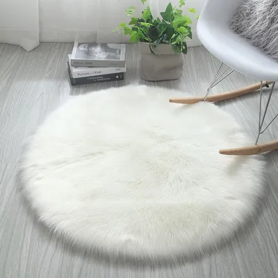 Produktbild von 2 Stk Shaggy Teppich, Schlafzimmer Rund Künstliches Schaf Fell Teppich Weiß