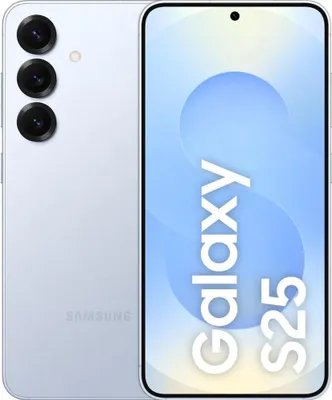 A marketing image of a Samsung Galaxy S25 smartphone, displayed from the back and front, with the product name prominently featured on the screen.
