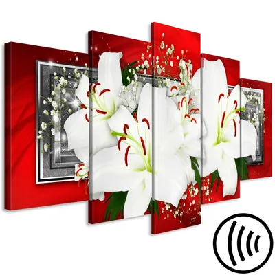 Produktbild von Akustikbild Blumen 200x100 cm Bilder Hochleistungsschallabsorber Schallschutz Vlies Leinwand Akustikdämmung 5 tlg Wandbild Raumakustik Schalldämmung Lilien Abstrakt b-A-0617-b-m