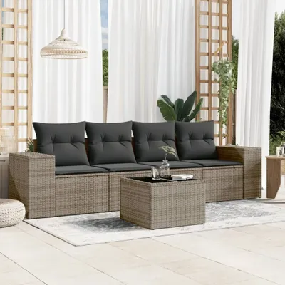Produktbild von Design 5-tlg. Garten-Sofagarnitur mit Kissen Grau Poly Rattan, Gartenmöbel-Sets 2024 Neu