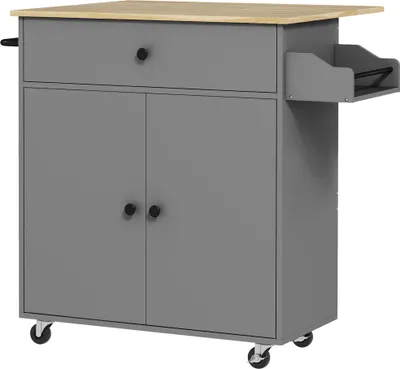 Image de Îlot de cuisine avec roulettes - Chariot de cuisine - Tablette latérale pliable - 106×42×87 cm - Montage nécessaire - Gris foncé & Chêne