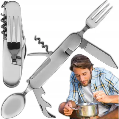 Produktbild von Camping-Besteck klappbar 5-in-1 – Kompaktes Reisebesteck & Outdoor-Niezbędnik – Edelstahl Multitool-Essbesteck mit Messer, Gabel, Löffel, Korkenzieher